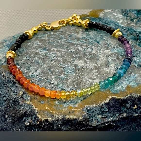 COPY - New One of a Kind Gemstone Rainbow Bracelet with 14kt Beads and Clasp - Picture 1 of 7